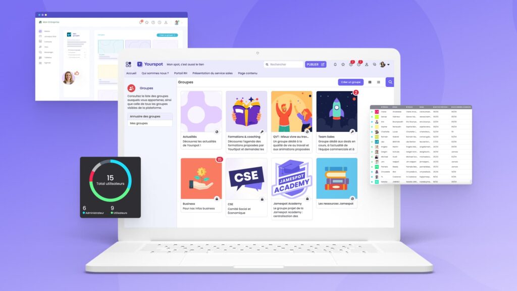 Interface Jamespot présentant l'organisation des groupes thématiques sur un intranet d'entreprise