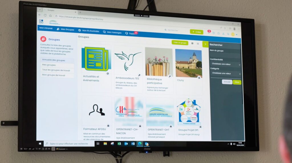 Capture de l'intranet Jamespot du GHT Bourgogne Méridionale affichant l'annuaire des groupes de travail, dont le groupe projet DPI et l'intranet de groupe.