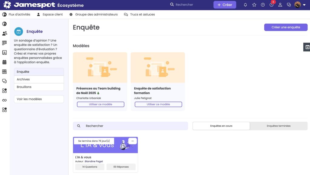 Capture d'écran de l'application Enquête Jamespot présentant des modèles de sondage et une enquête en cours pour recueillir l'avis des collaborateurs