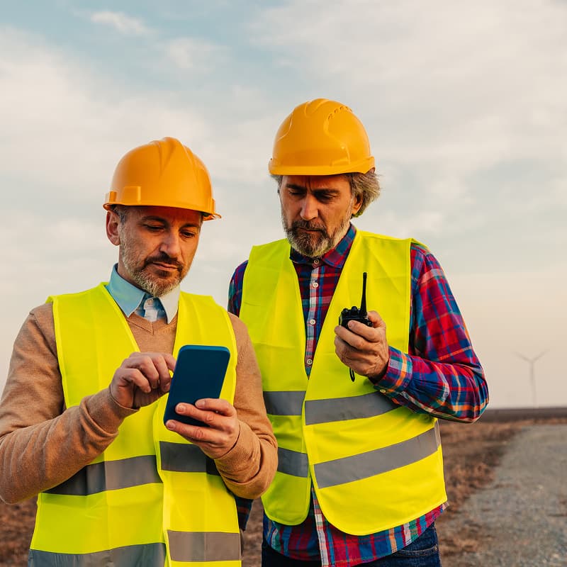 Deux collaborateurs terrain, casque de sécurité et gilet fluorescent, consultent une information sur leur smartphone en extérieur