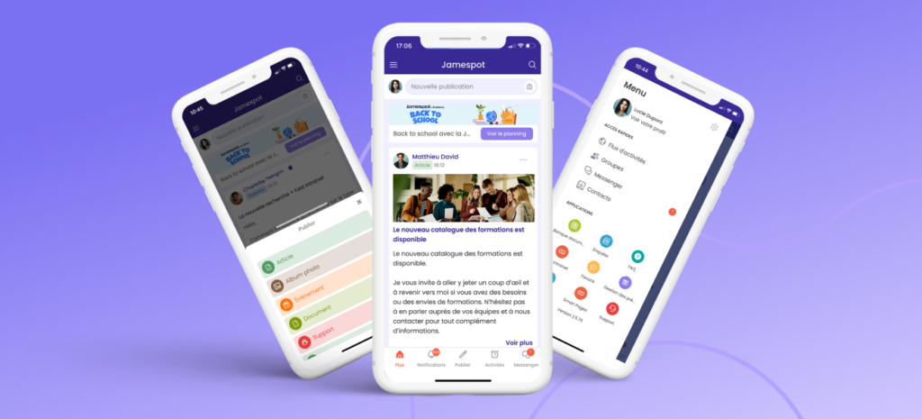 Trois smartphones affichant l'application mobile Jamespot : flux d'activité, publication d'un article et menu des applications