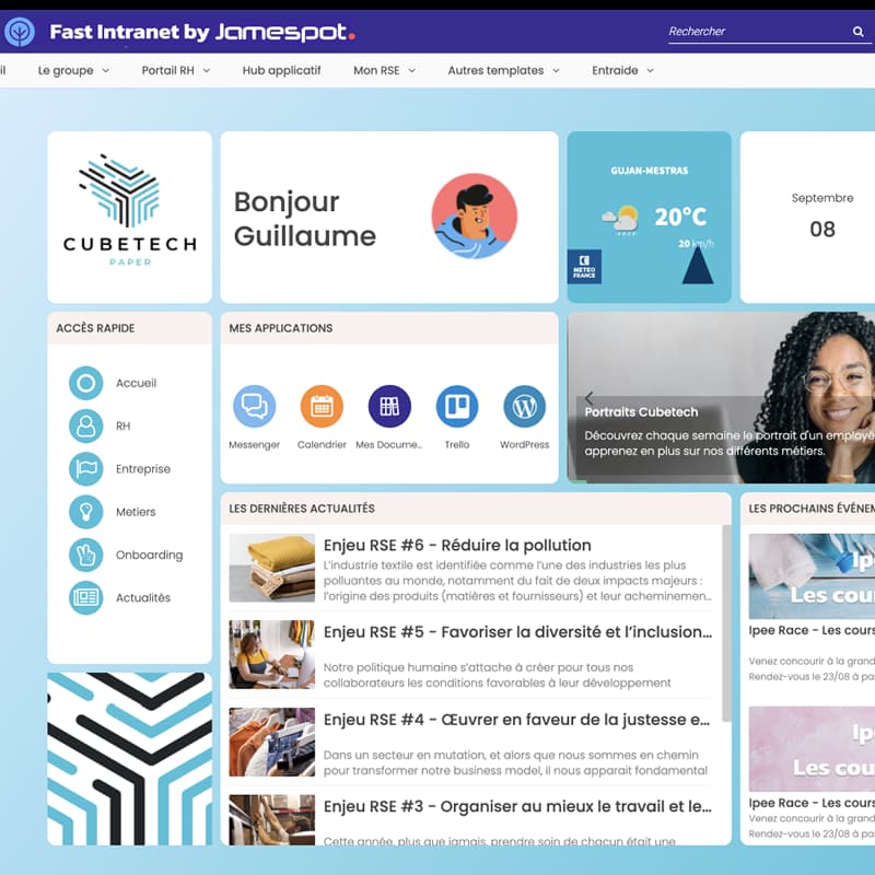 Exemple d'intranet d'entreprise réalisé avec Fast Intranet by Jamespot, avec actualités, applications et accès rapide