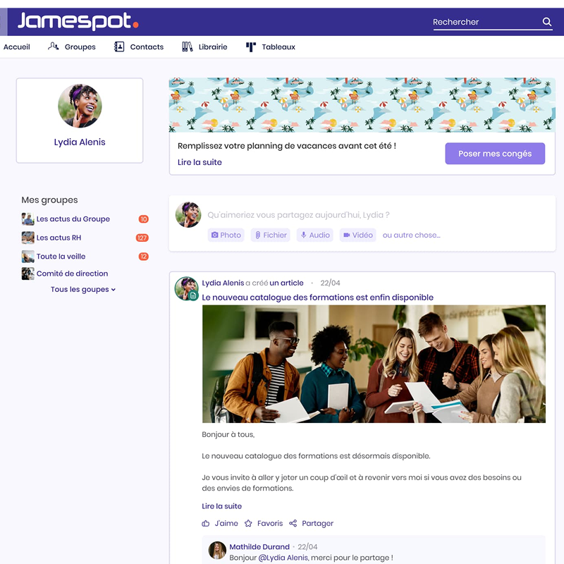 Interface du fil d'actualité collaboratif Jamespot, réseau social d'entreprise