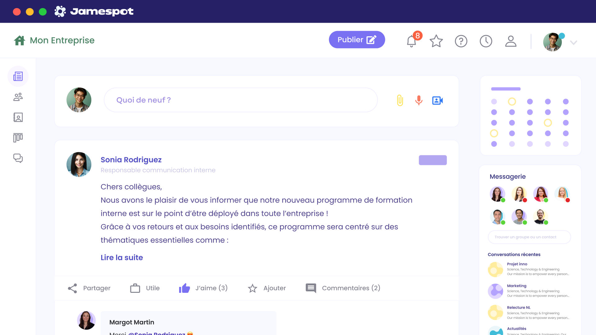 Capture d'écran de l'interface Jamespot affichant le flux d'actualités d'une entreprise, avec une publication de la responsable communication interne annonçant un programme de formation, des options de réaction et de commentaire, et un panneau de messagerie sur la droite.