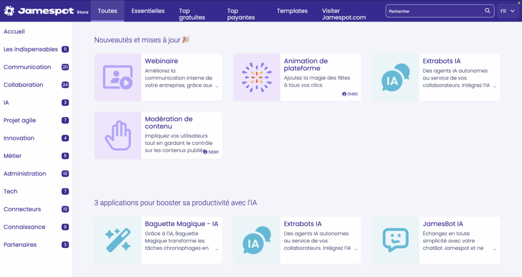 Grâce à Jamespot Store, chaque organisation peut librement construire et personnaliser sa plateforme en choisissant ses propres applications.