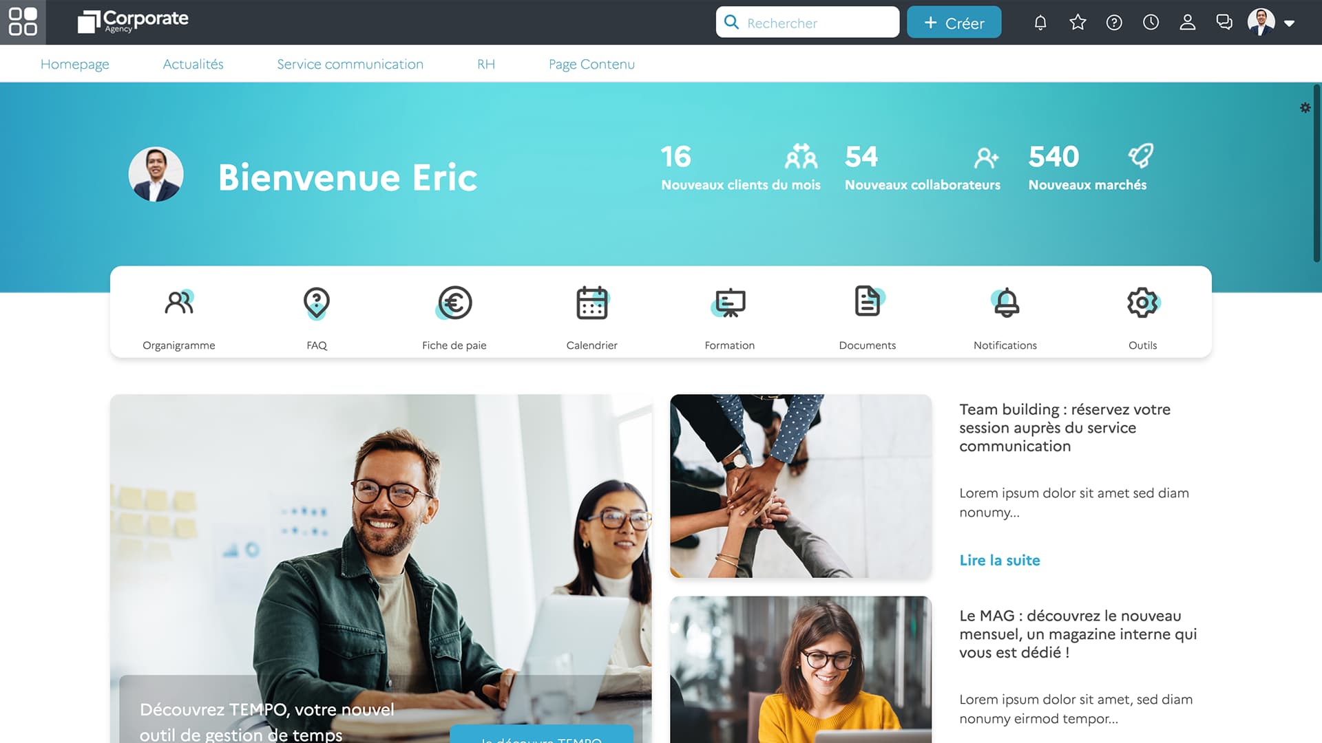 Page d'accueil d'un intranet Fast Intranet personnalisée aux couleurs d'une organisation, avec menu de raccourcis et actualités internes