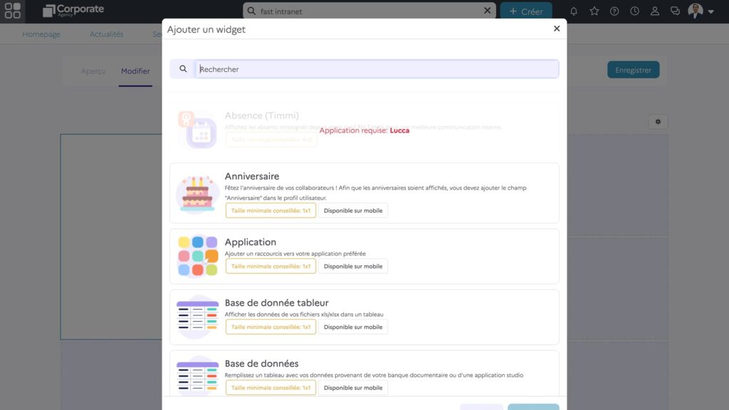 Éditeur de pages no code de Fast Intranet by Jamespot, avec panneau de configuration