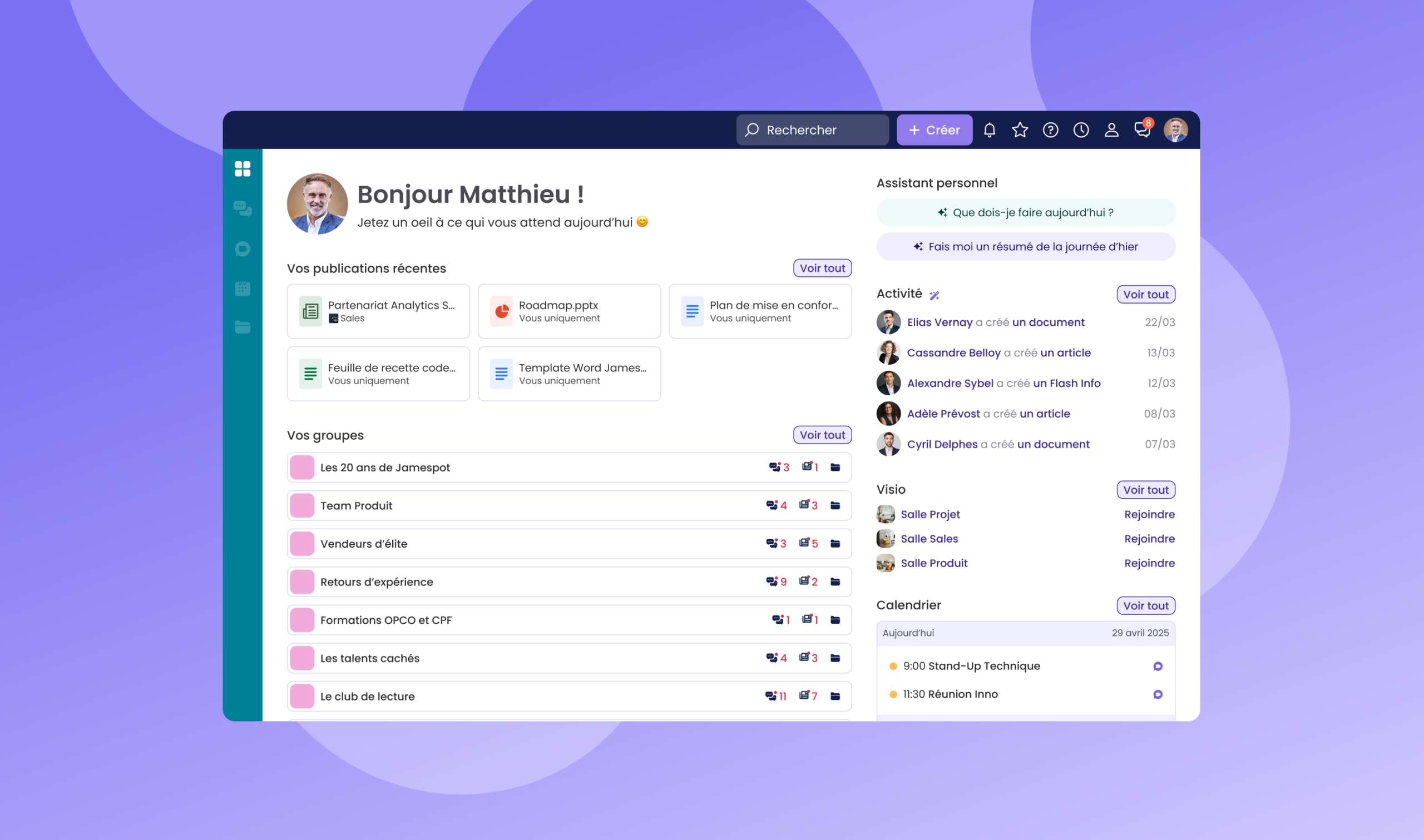 Capture d'écran de l'interface Jamespot affichant le tableau de bord d'accueil d'un utilisateur, avec ses publications récentes, ses groupes, son fil d'activité, ses salles visio et son calendrier du jour.