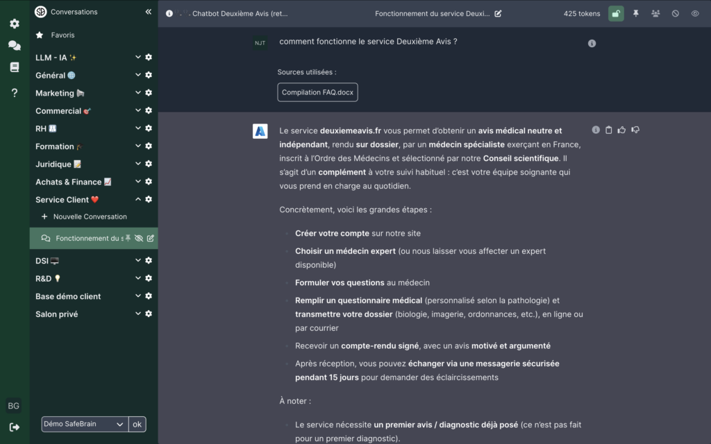 Avec SafeBrain, chaque service dispose de son propre chatbot sécurisé. Les collaborateurs peuvent ainsi accéder aux connaissances de l'entreprise à tout moment et de manière sécurisé.