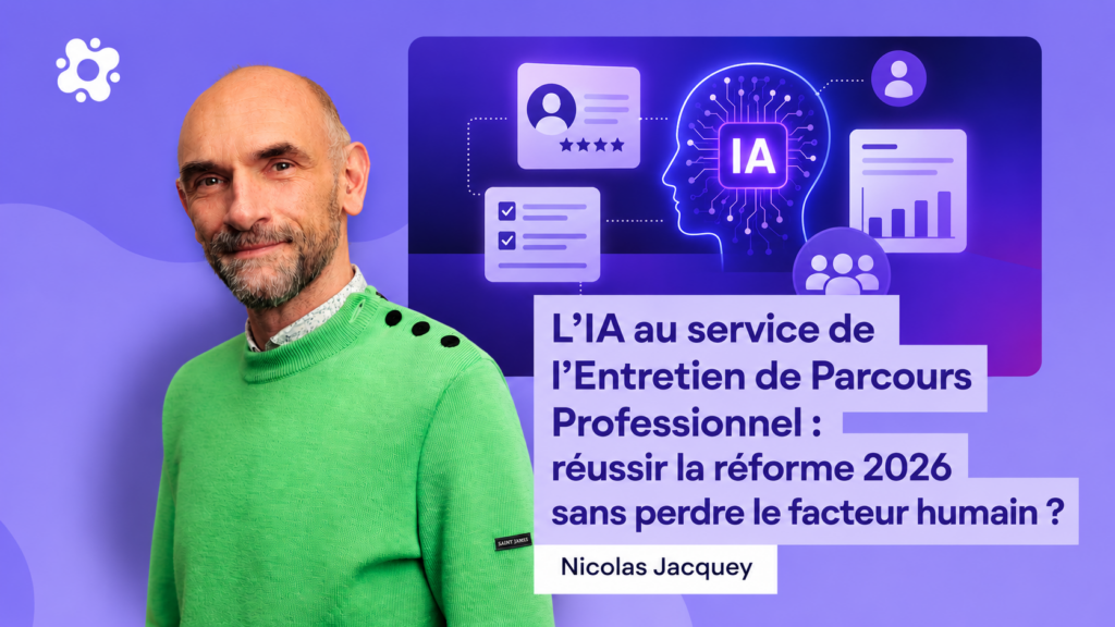 Portrait de Nicolas Jacquey, Chief Revenue Officer de SafeBrain.ai, avec en arrière-plan une illustration représentant l'intelligence artificielle appliquée aux ressources humaines, et le titre de sa tribune : "L'IA au service de l'Entretien de Parcours Professionnel : réussir la réforme 2026 sans perdre le facteur humain."