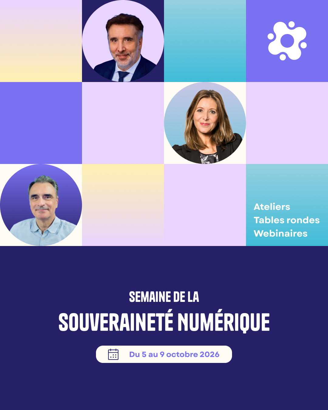Visuel d'appel à l'inscription pour la Semaine de la souveraineté numérique Jamespot, du 5 au 9 octobre 2026, avec portraits d'intervenants et mention ateliers, tables rondes, webinaires