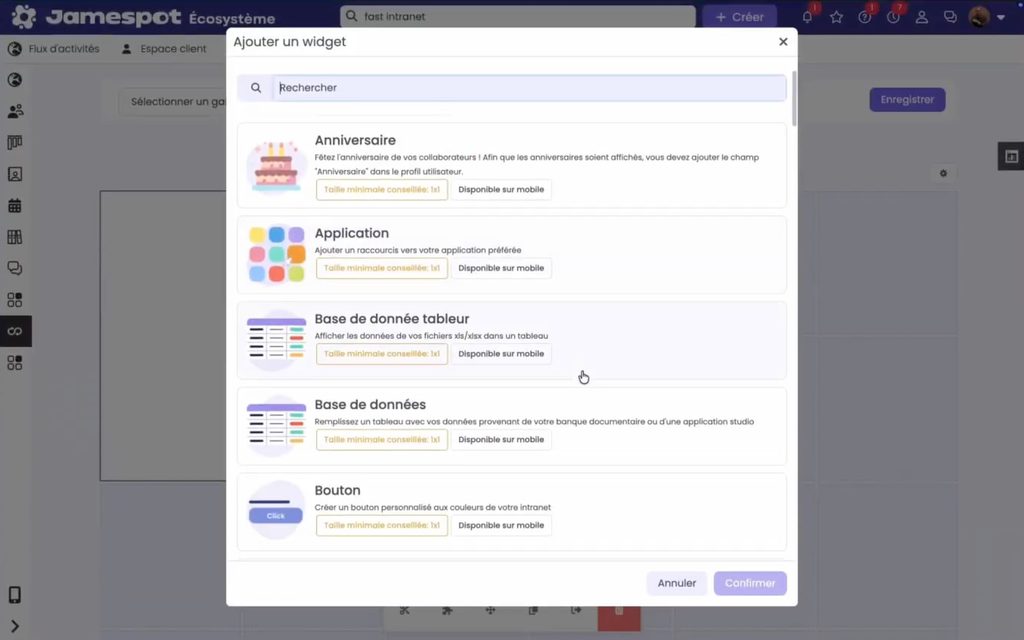 Interface Jamespot d'ajout de widgets sur l'intranet (anniversaires, applications, bases de données)