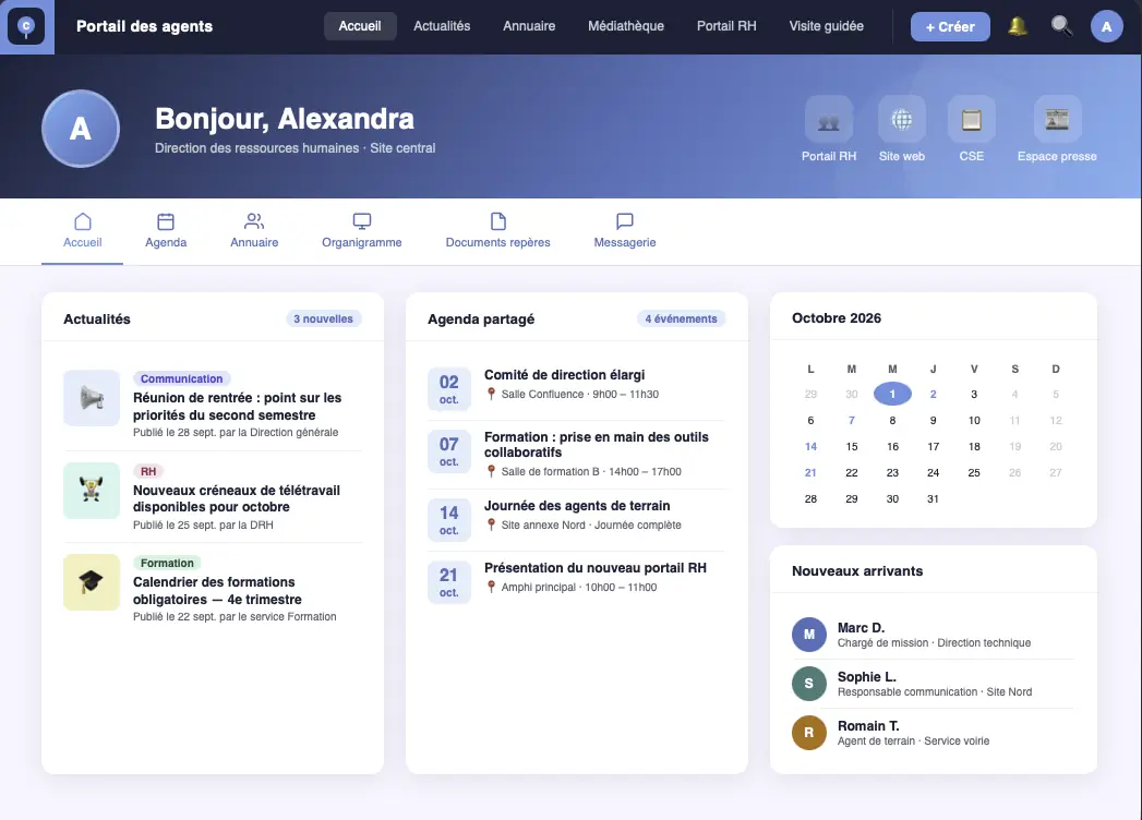 Intranet de collectivité Fast Intranet : page d'accueil avec informations utiles, démarches RH en un clic et contacts importants