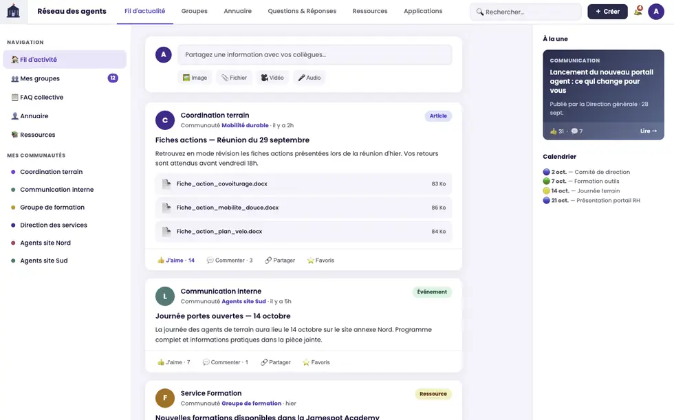 Réseau social d'entreprise Open Agora pour les agents d'une collectivité : flux d'activité, groupes par thème et documents partagés